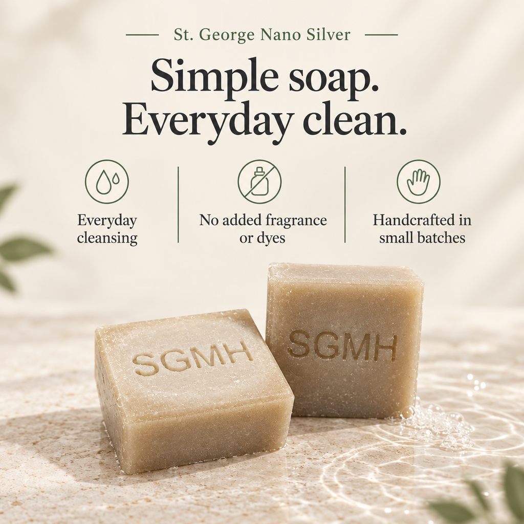 SGMH soap graphic with everyday cleansing, no added fragrance or dyes, and handcrafted in small batches
